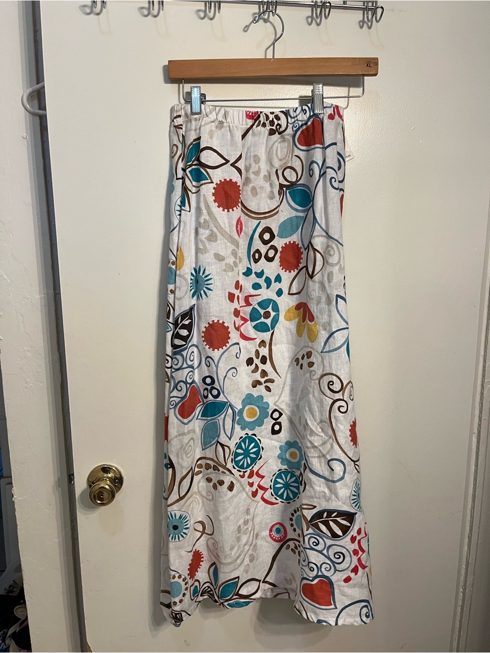 Hot Cotton White Maxi Skirt with Teal, Red, Brown & Yellow Floral Print